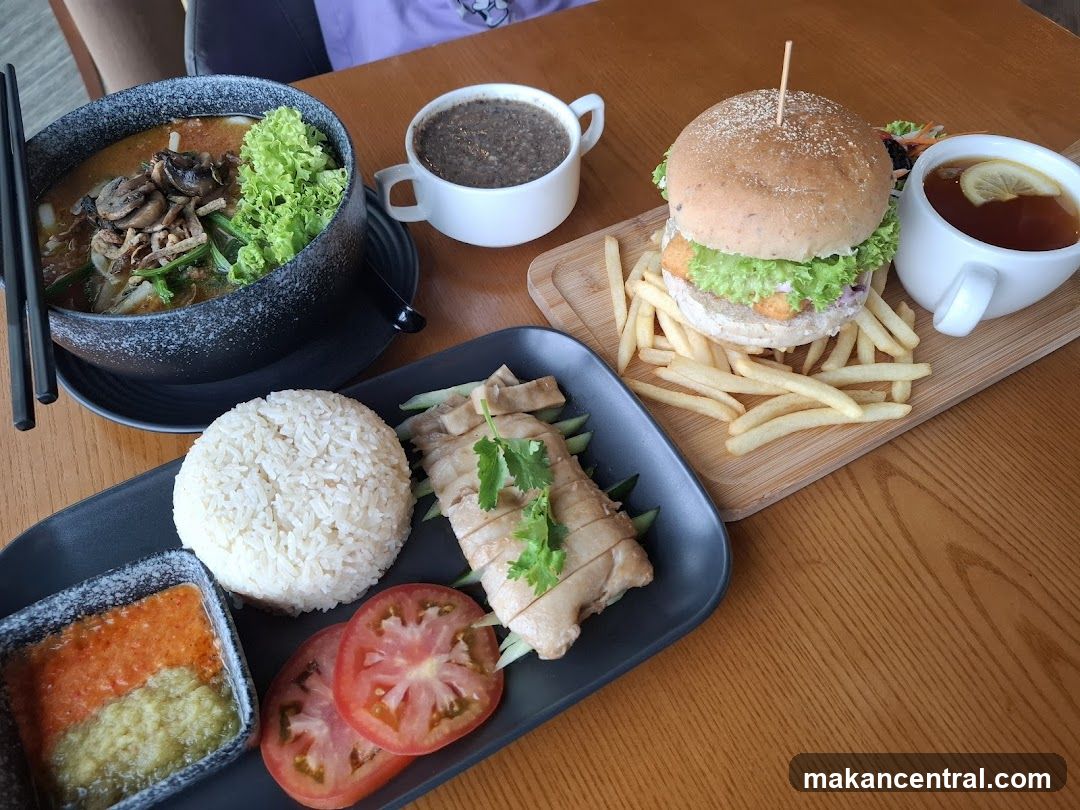 Meal with Burger and Chicken Rice