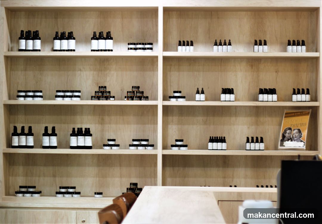 Shelves stocked with skincare products