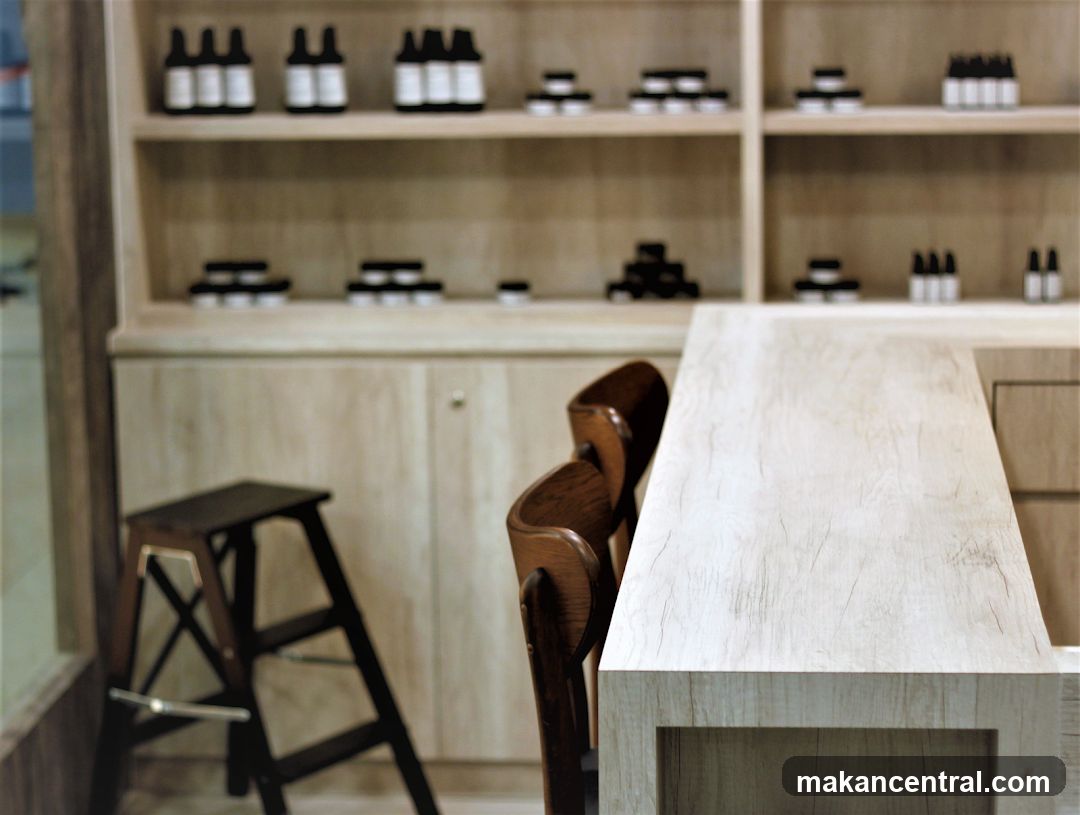 Interior of a store with shelves and a counter