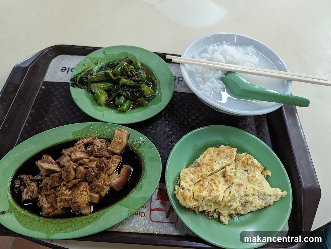 Meal with Braised Pork, Omelette, and Vegetables