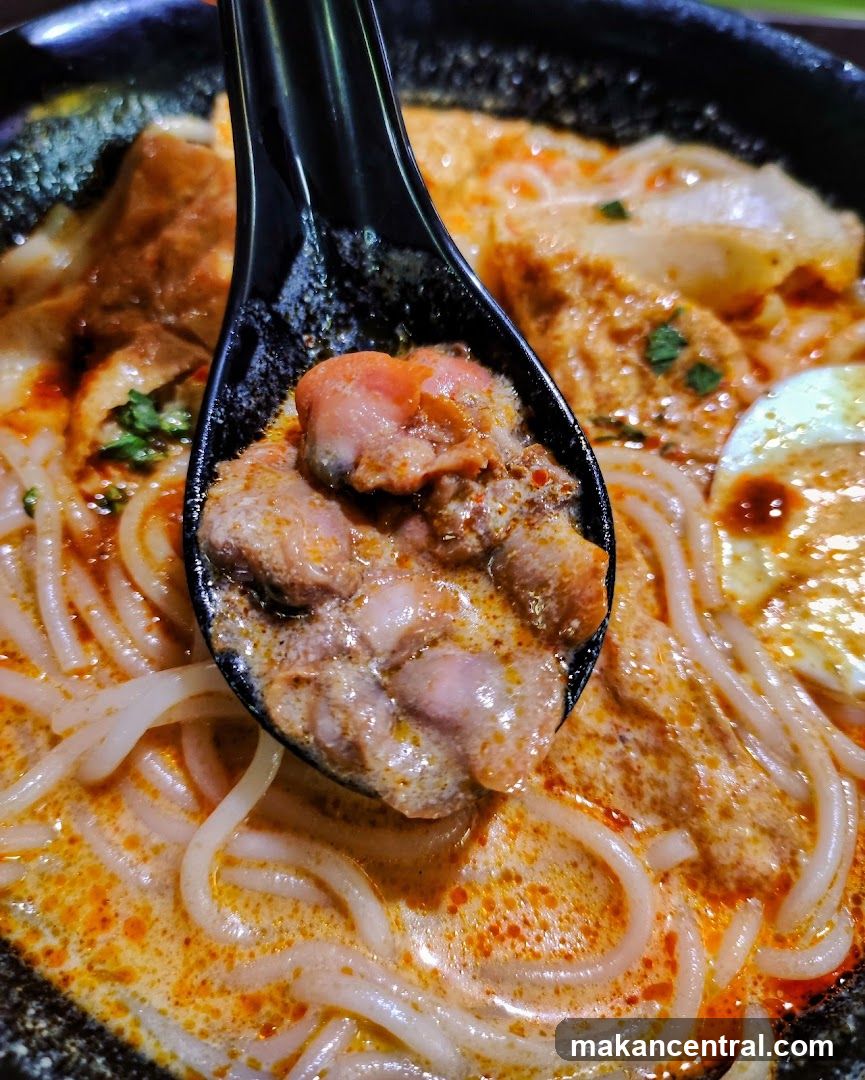 Close-up of Laksa with Spoonful of Ingredients