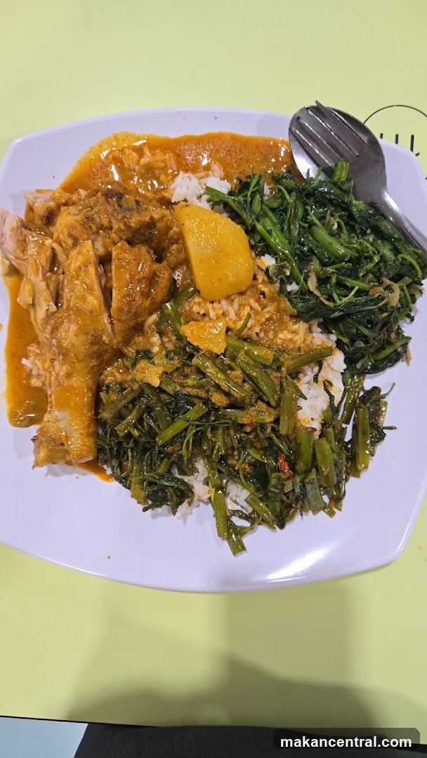 Plate of food with rice, curry chicken, and vegetables