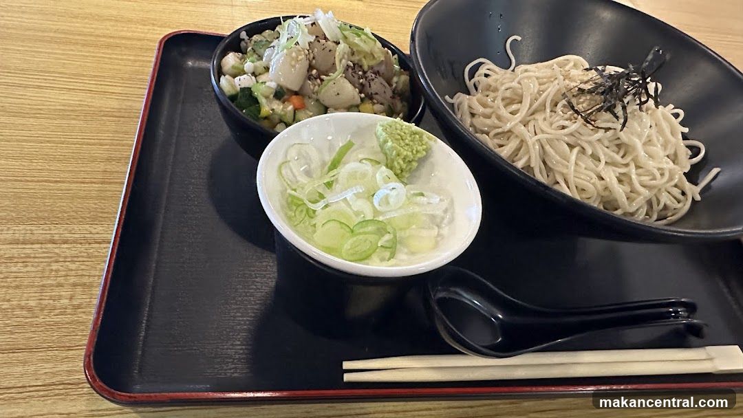 Soba noodles with toppings and side dish