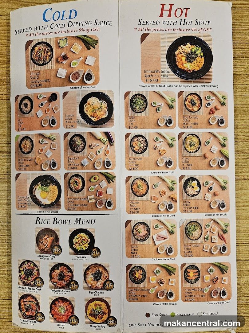 Cold and Hot Soba Menu