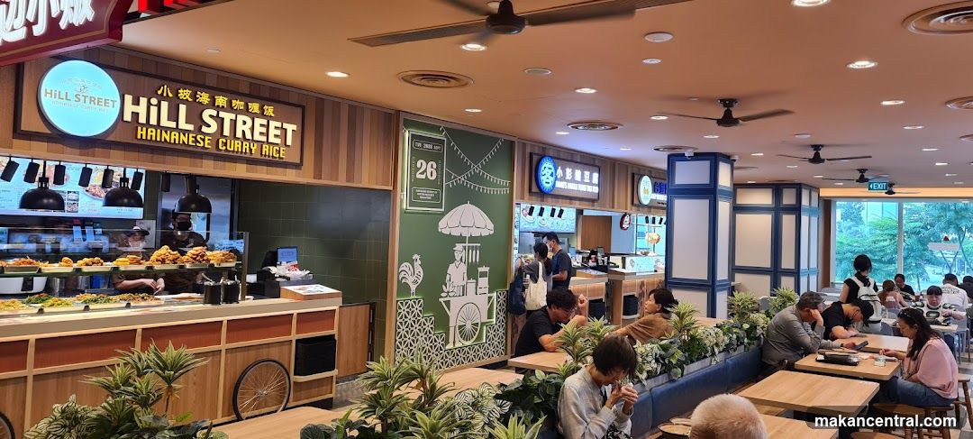 Food court with various stalls and seating