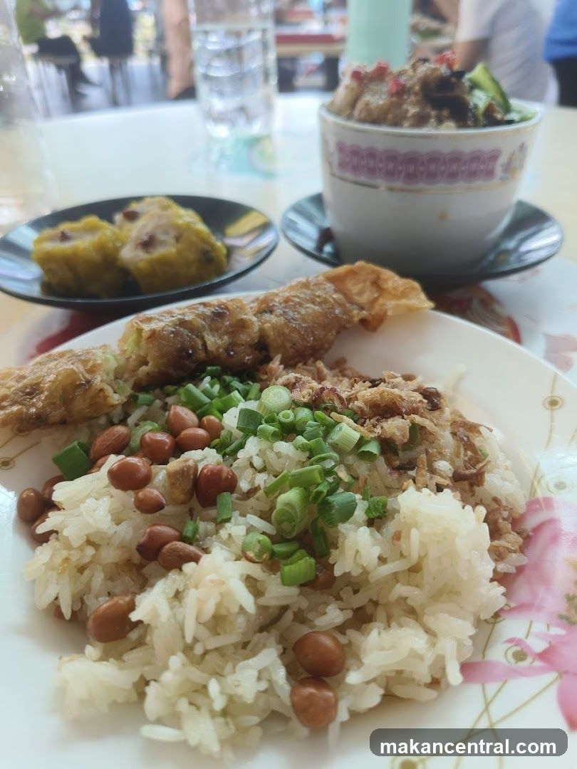 Rice dish with toppings and dim sum