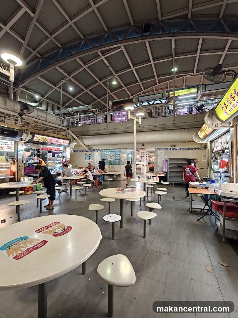Food court with tables and stalls