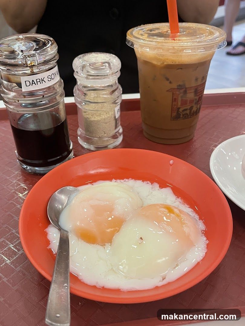Soft-boiled eggs with coffee and condiments