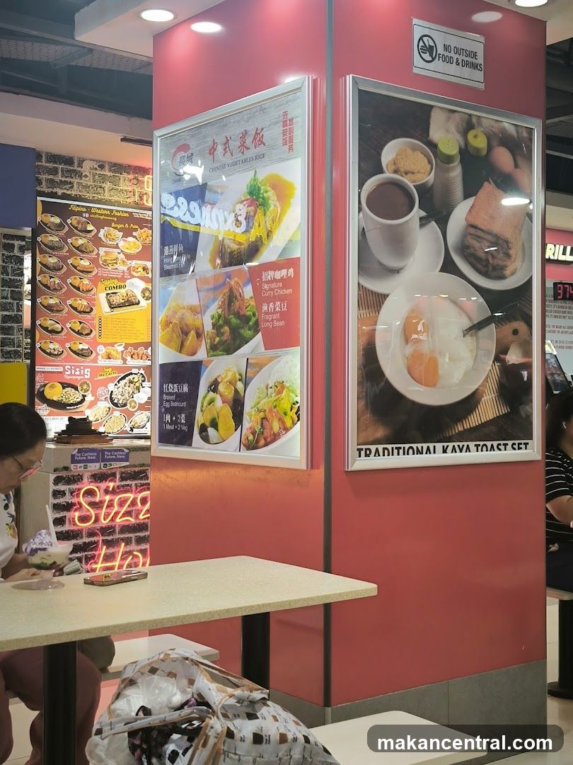 Food court display with menus and food items