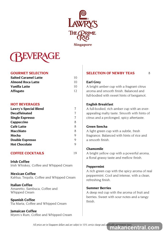 Lawry's The Prime Rib Singapore Beverage Menu