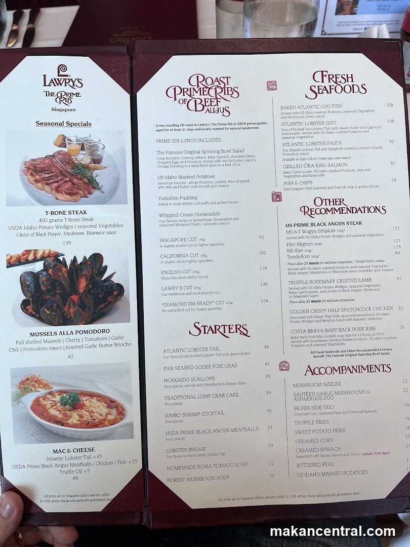 Lawry's The Prime Rib Singapore Menu