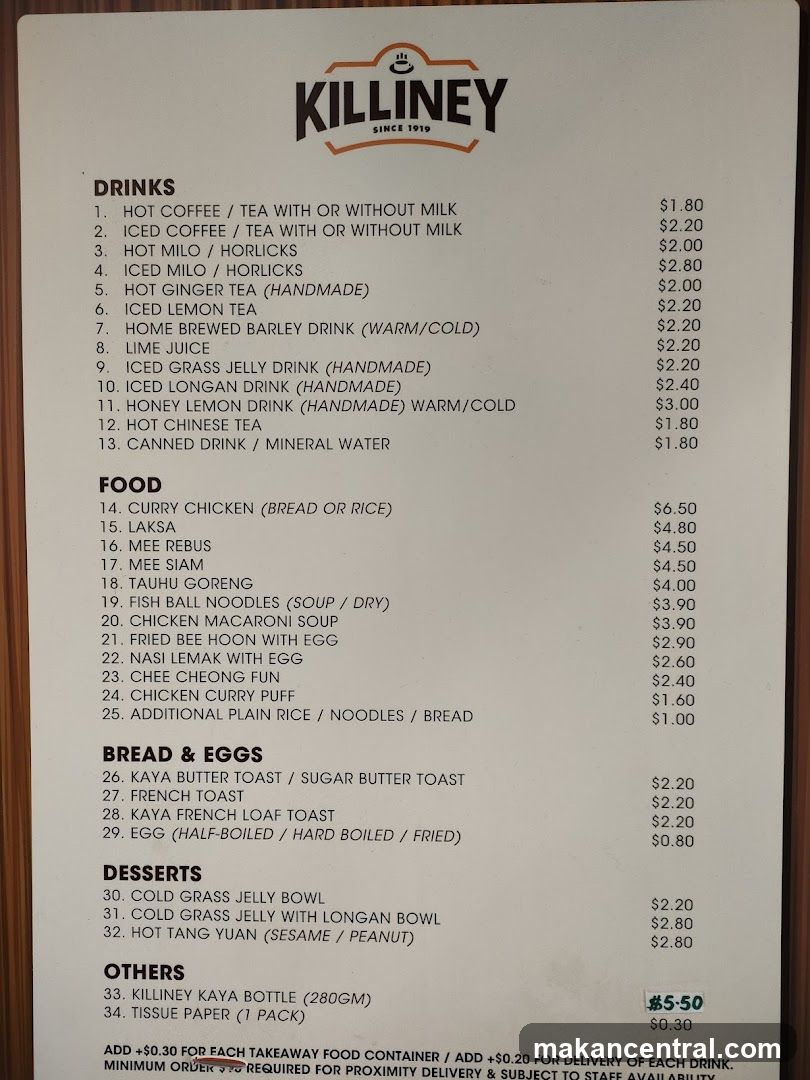 KILLINEY Menu