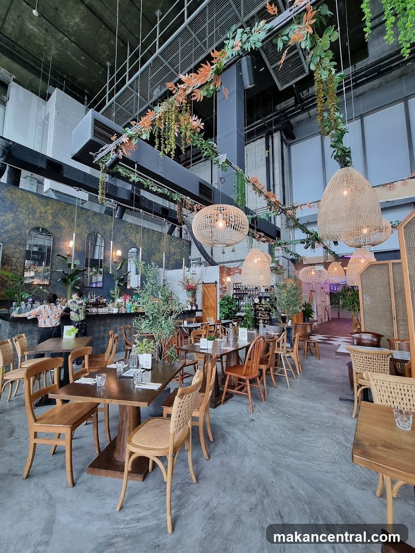 Restaurant Interior with Hanging Plants and Wicker Lamps