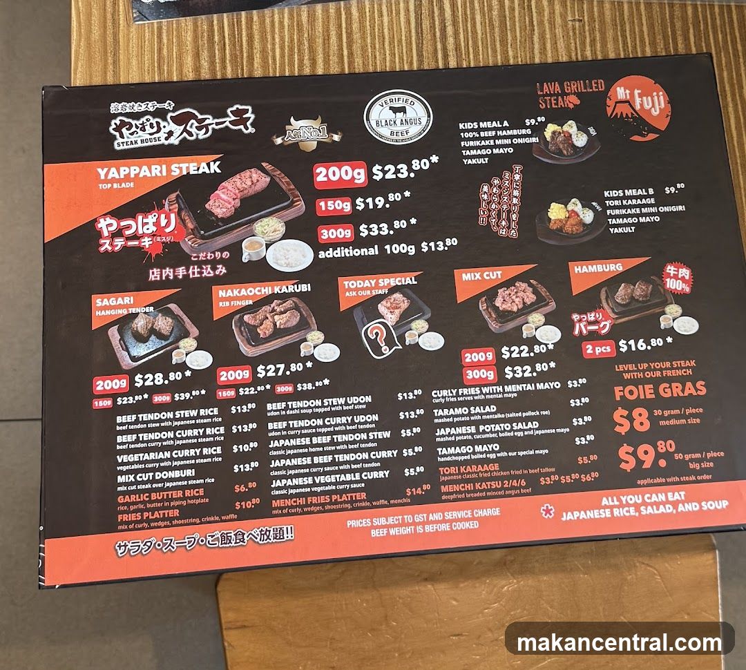 Yappari Steak Menu