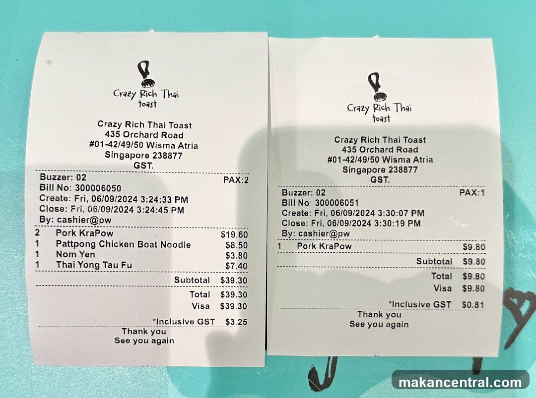 Receipts from Crazy Rich Thai Toast
