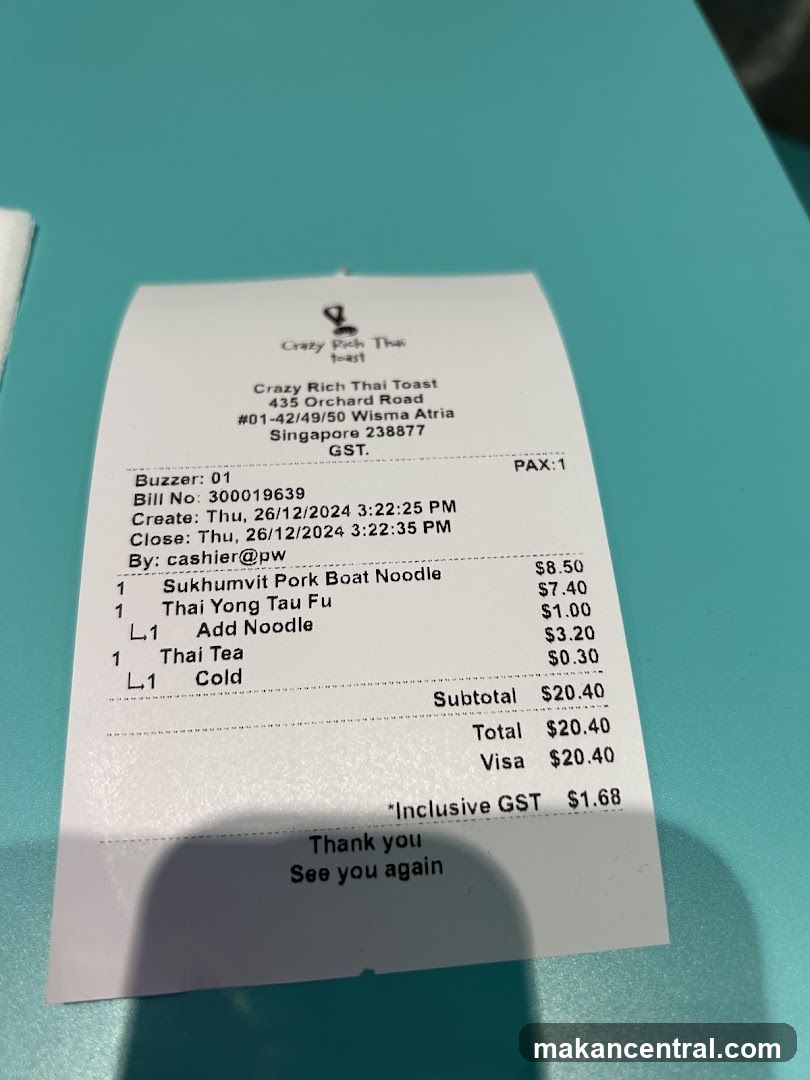 Receipt from Crazy Rich Thai Toast
