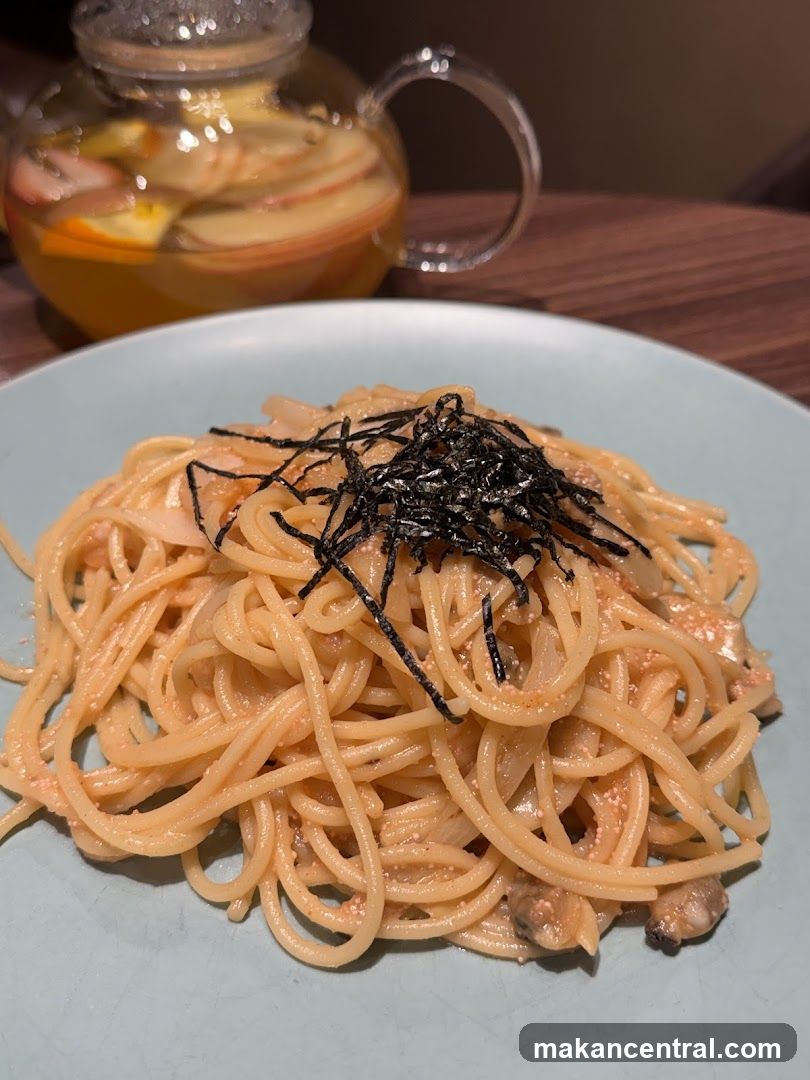Spaghetti with Mentaiko Sauce and Fruit Tea