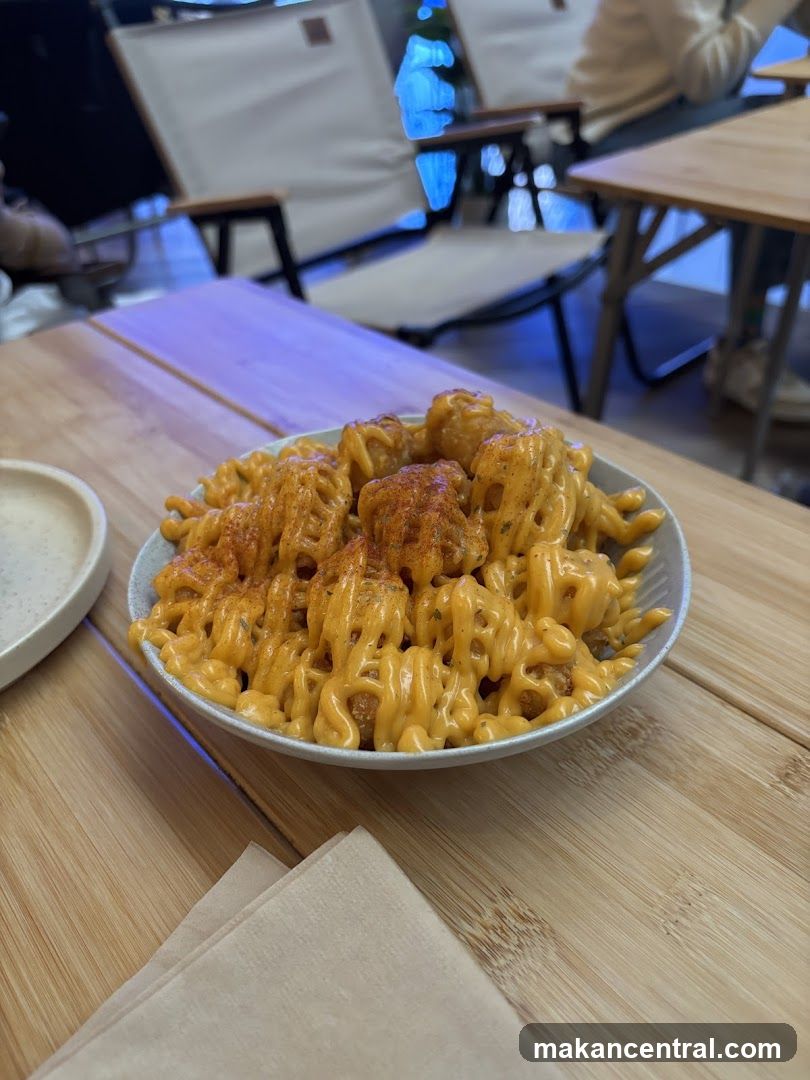 Cheese-covered food on a table
