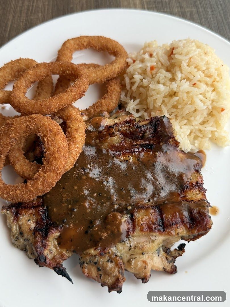 Grilled Chicken with Onion Rings and Rice