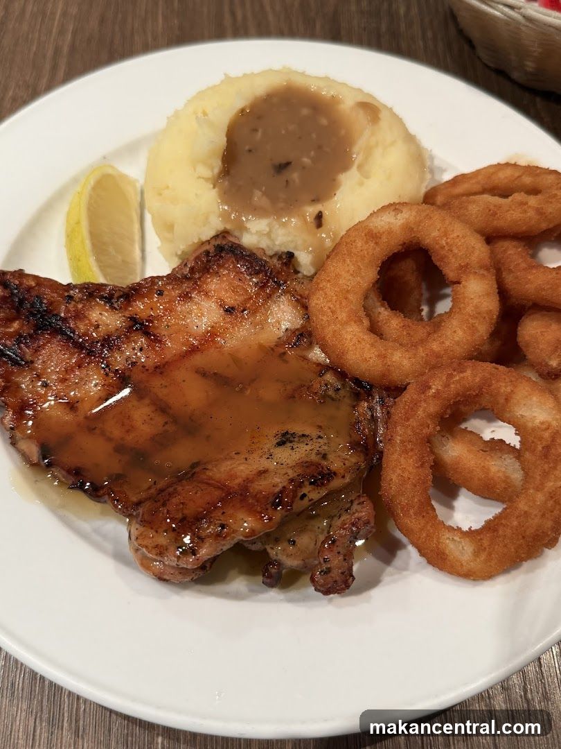 Grilled Chicken with Mashed Potatoes and Onion Rings