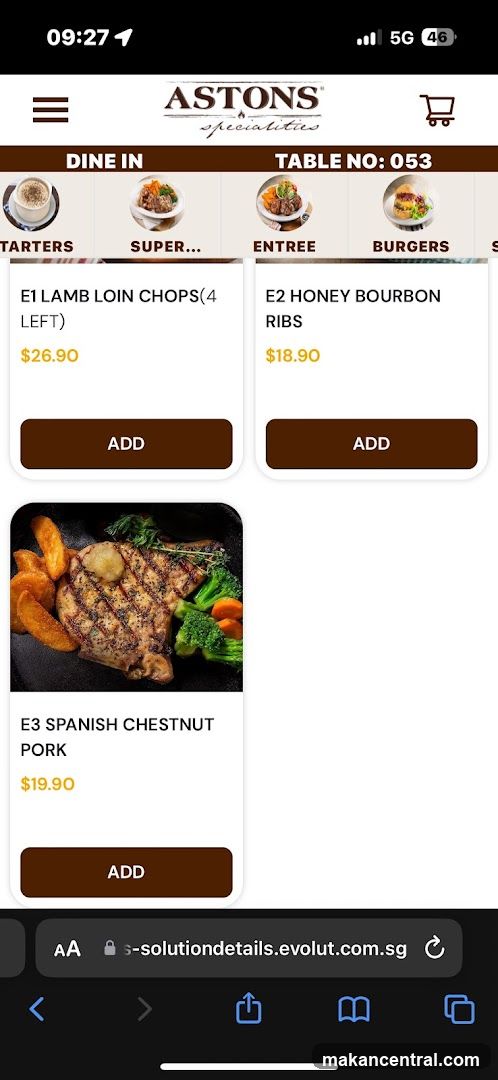 ASTONS Specialities Menu