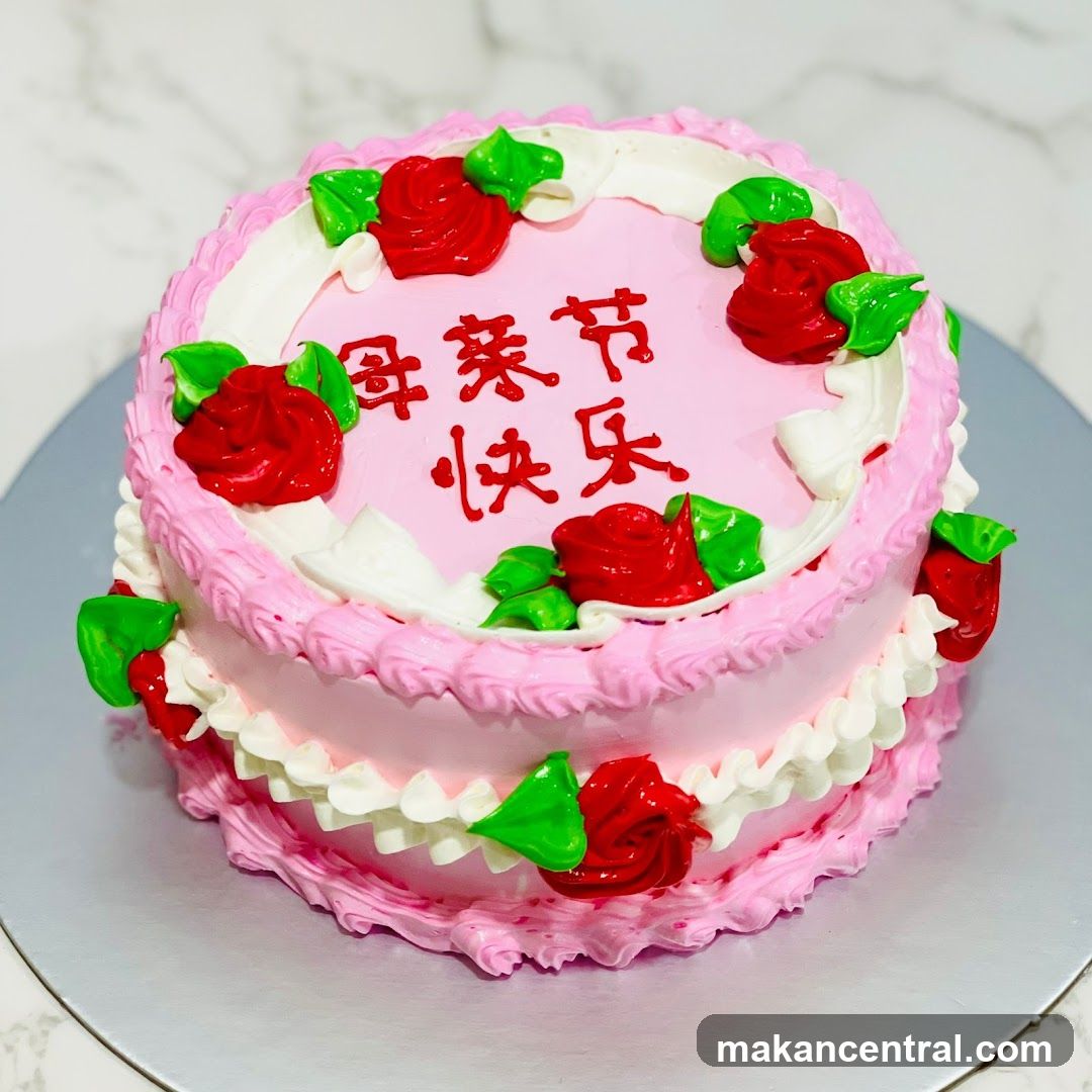 Pink Cake with Red Roses and Chinese Characters
