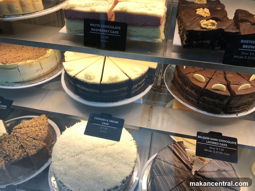 Cakes in a display case