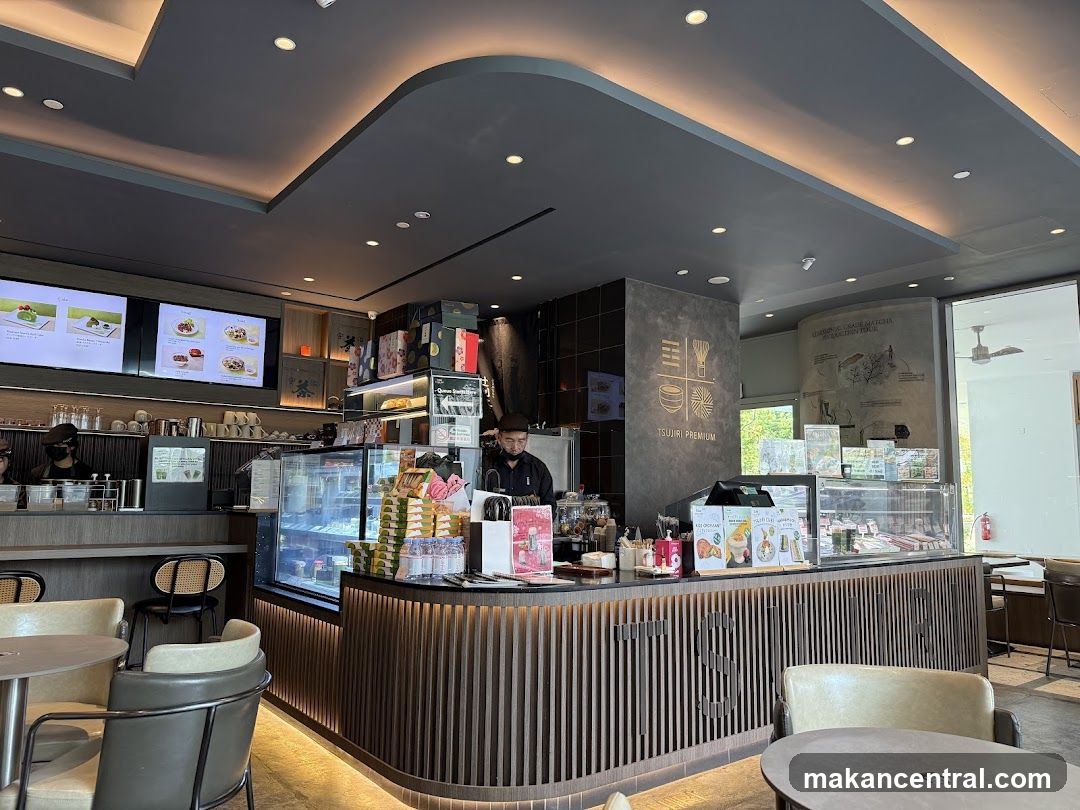 Cafe Interior with Display Cases and Seating