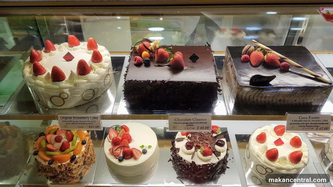 Cakes in a display case
