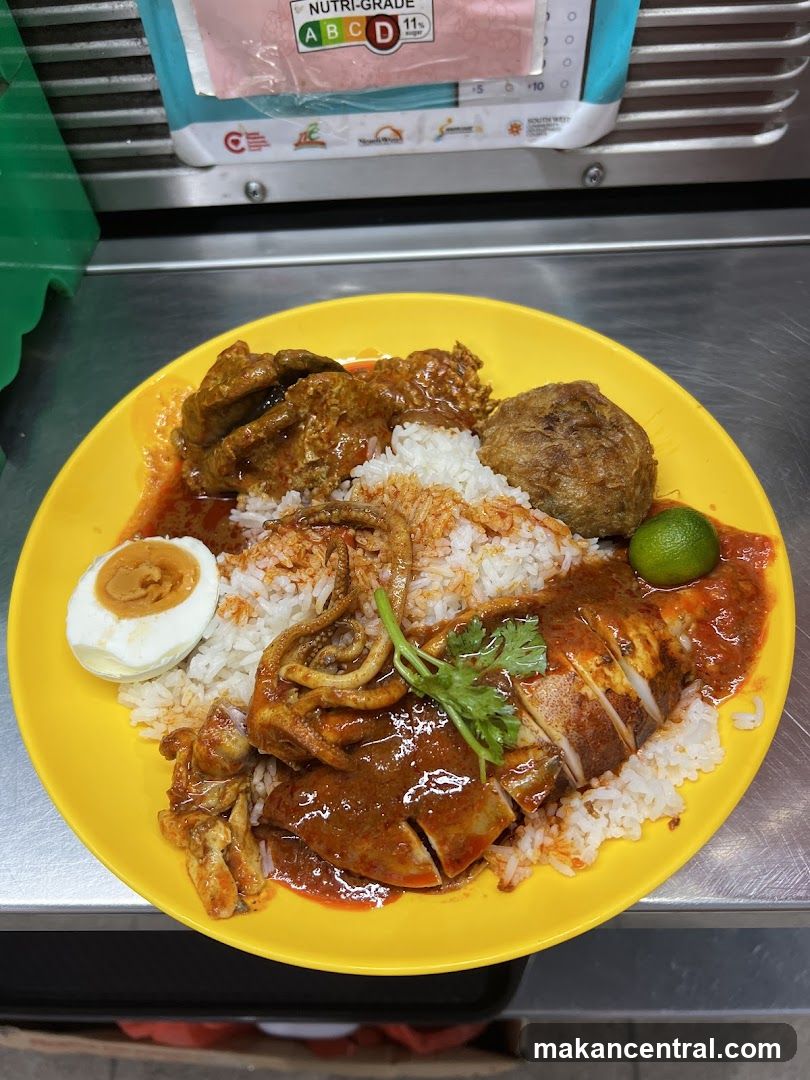 Nasi Lemak with Squid and Curry Chicken