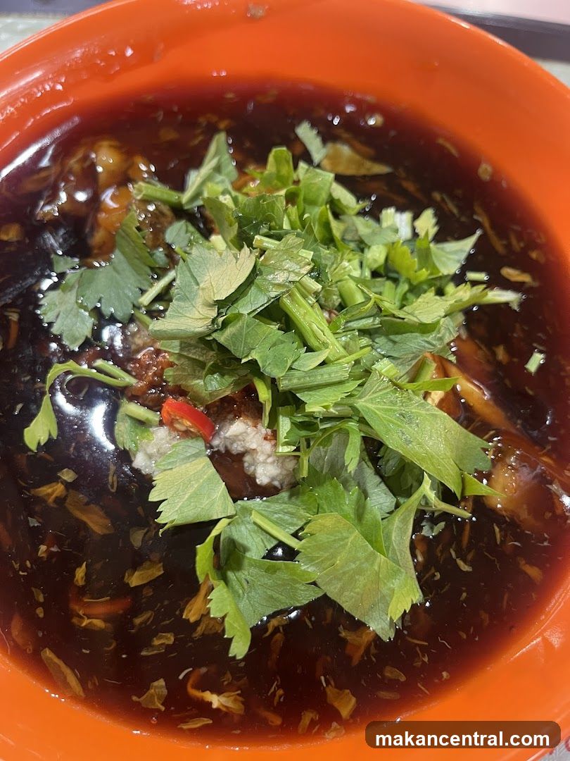 Close-up of a dish with dark sauce and cilantro