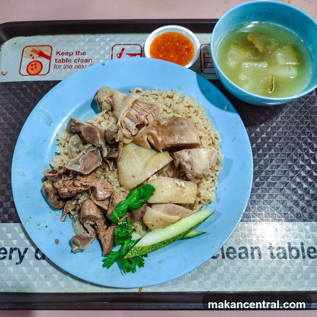 Chicken Rice with Soup and Chili Sauce