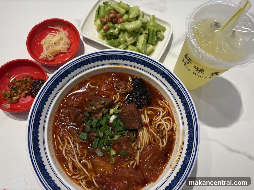 Beef Noodle Soup with Sides and Drink