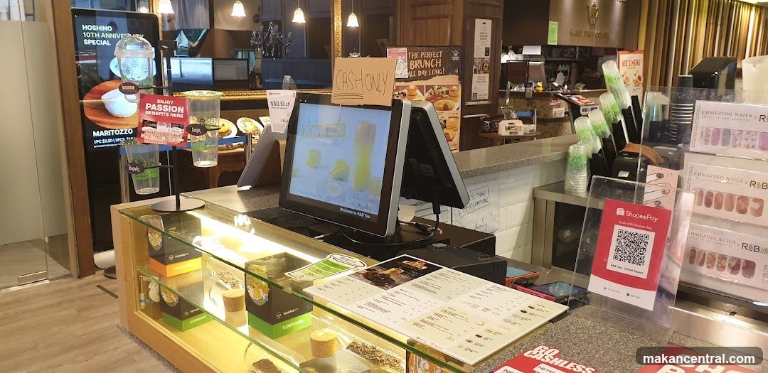 Counter with digital menu and products