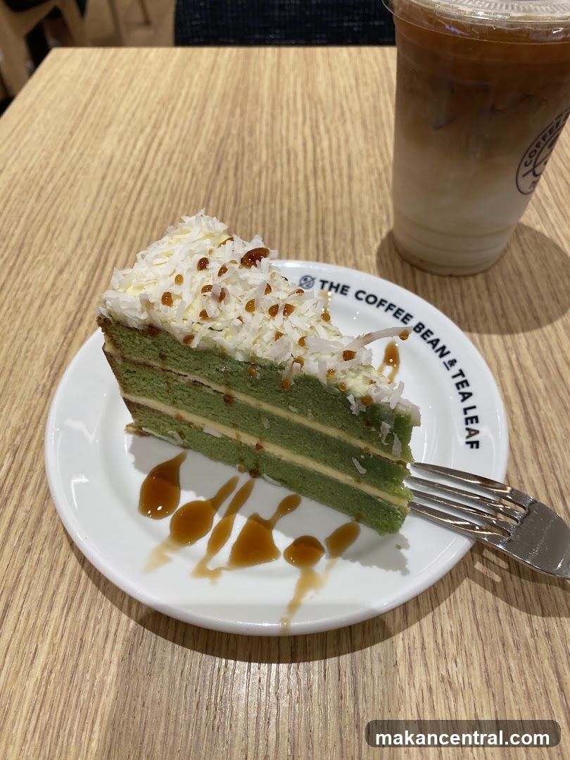 Green Layer Cake with Caramel Drizzle and Iced Coffee