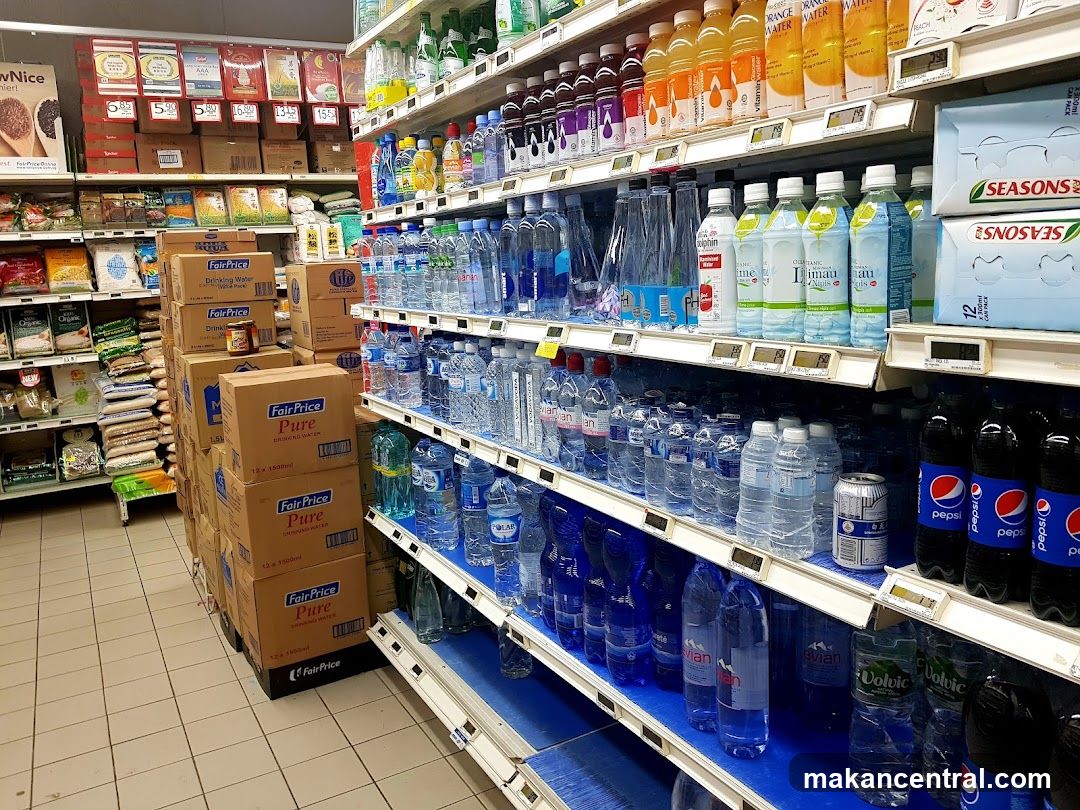 Supermarket Aisle with Beverages and Packaged Goods