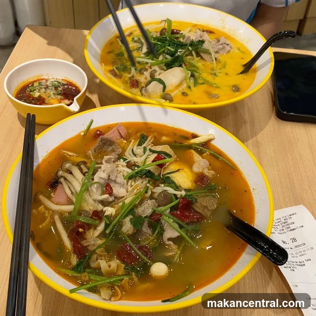 Two bowls of spicy soup with noodles and meat