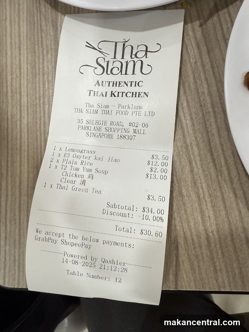 Tha Siam Authentic Thai Kitchen Receipt