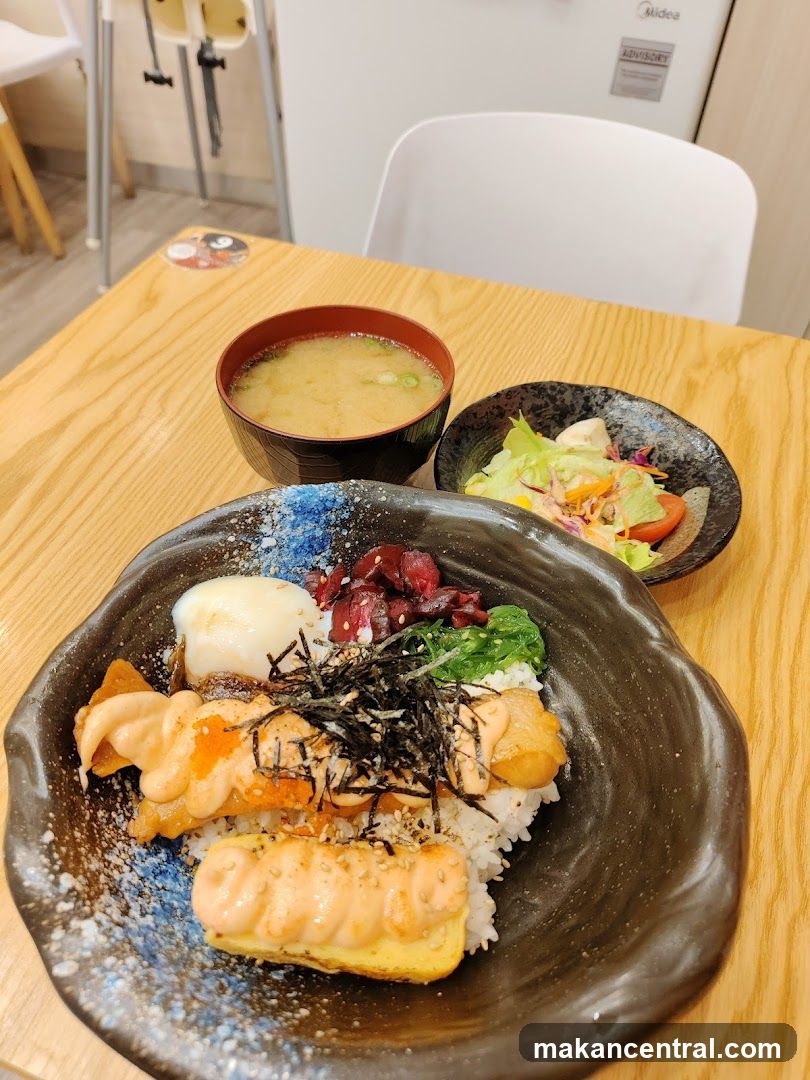 Salmon Donburi with Miso Soup and Salad