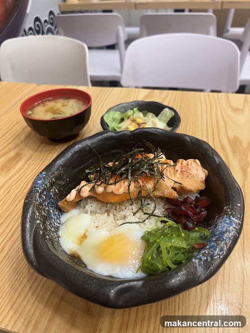 Salmon Donburi with Miso Soup and Salad