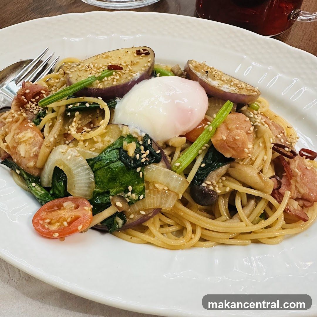 Spaghetti with Eggplant and Poached Egg