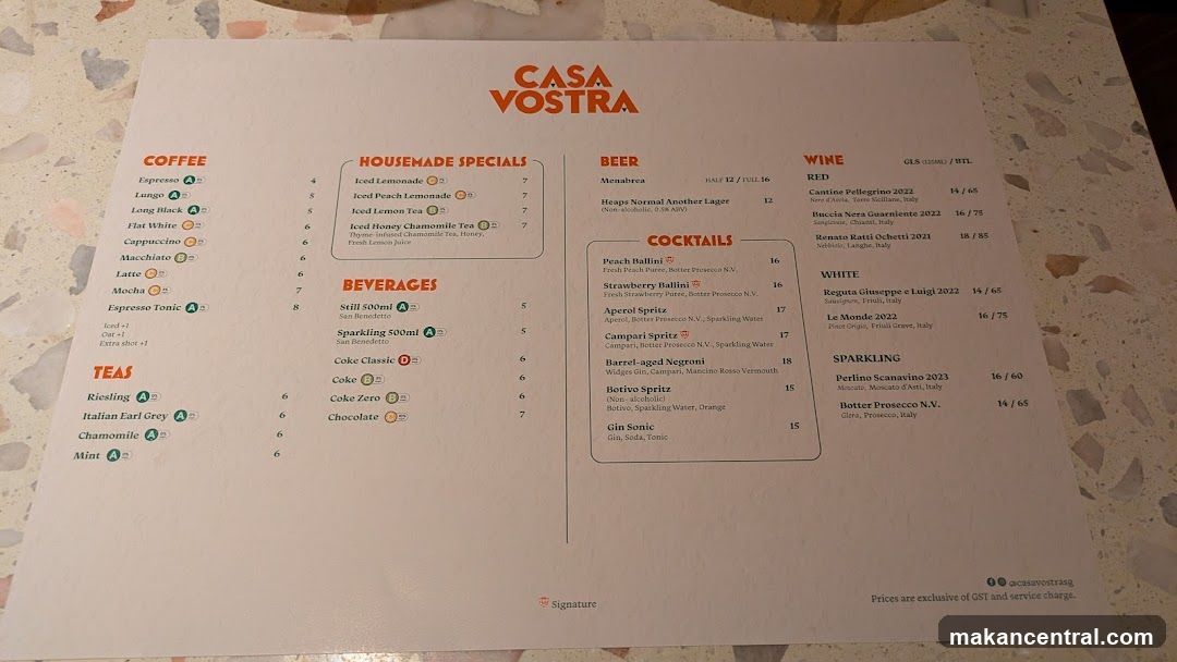 Casa Vostra Menu