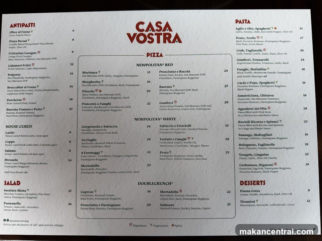 Casa Vostra Menu