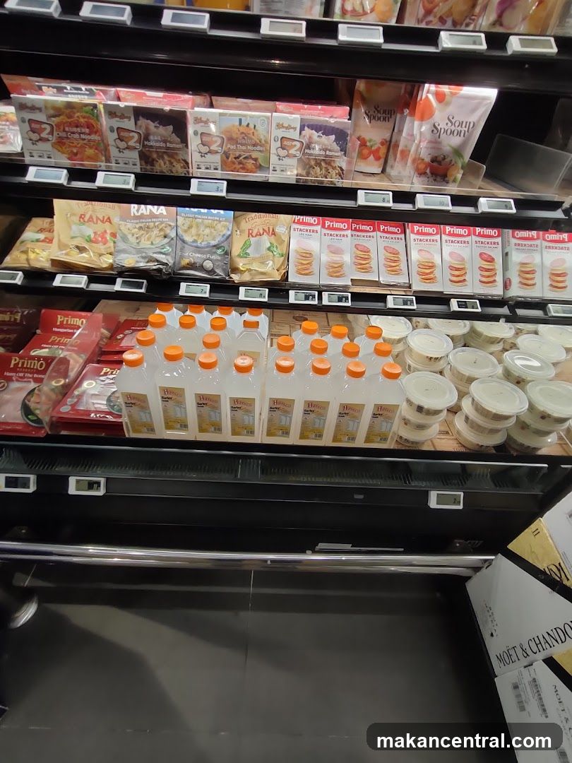 Supermarket Shelves with Packaged Foods and Drinks
