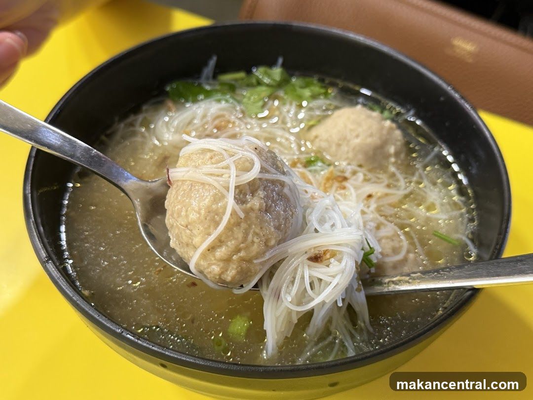 Bowl of Noodle Soup with Meatballs