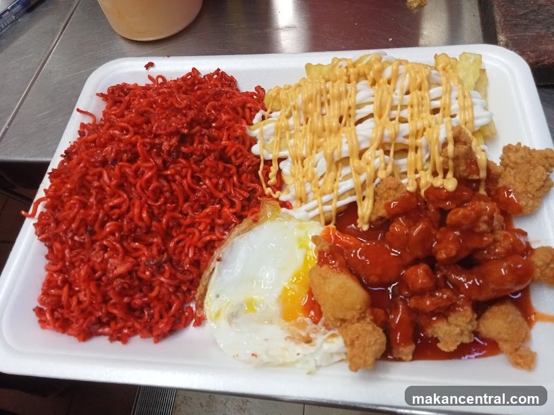 Spicy Noodles with Fried Chicken and Fries
