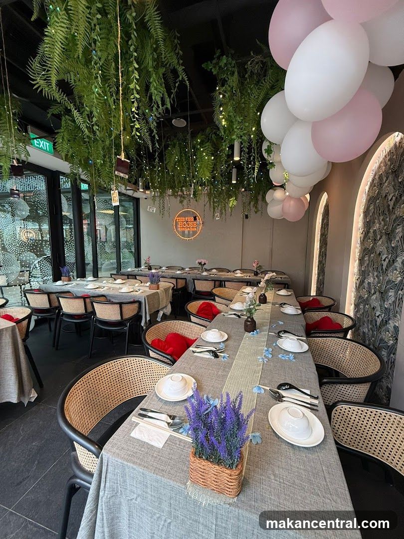 Restaurant Interior with Lush Greenery and Balloons