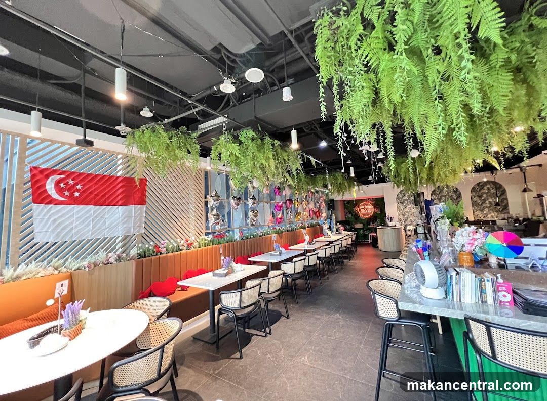 Restaurant Interior with Singapore Flag and Greenery