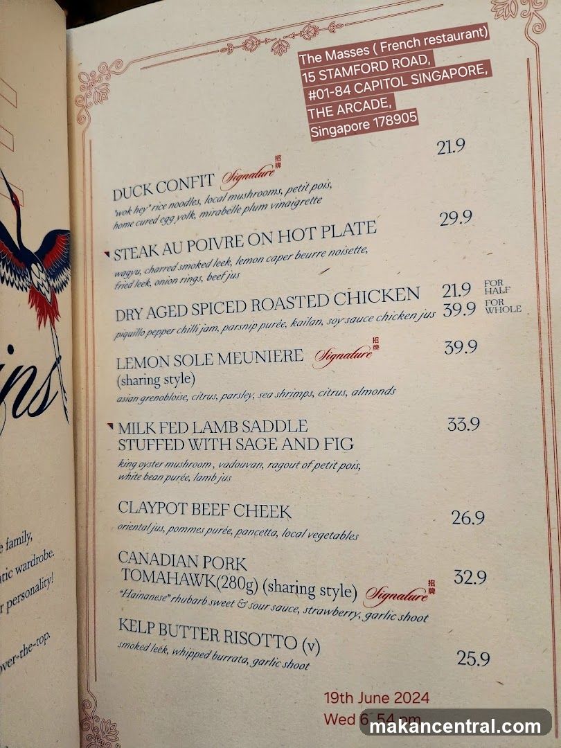 The Masses French Restaurant Menu