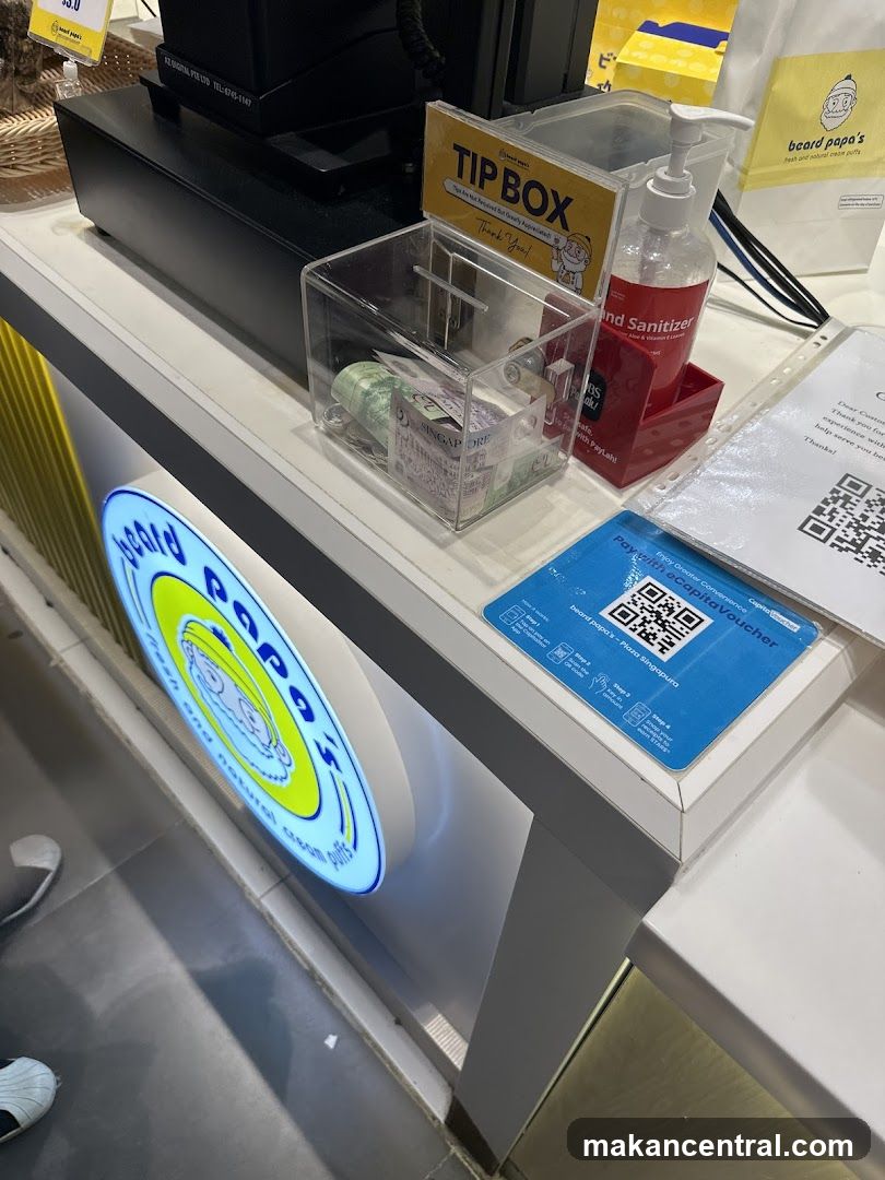 Counter with tip box and hand sanitizer